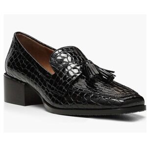 Donald‎ Pliner Avi Black Croc Embossed Leather Tassel Block Heel Loafers 9.5